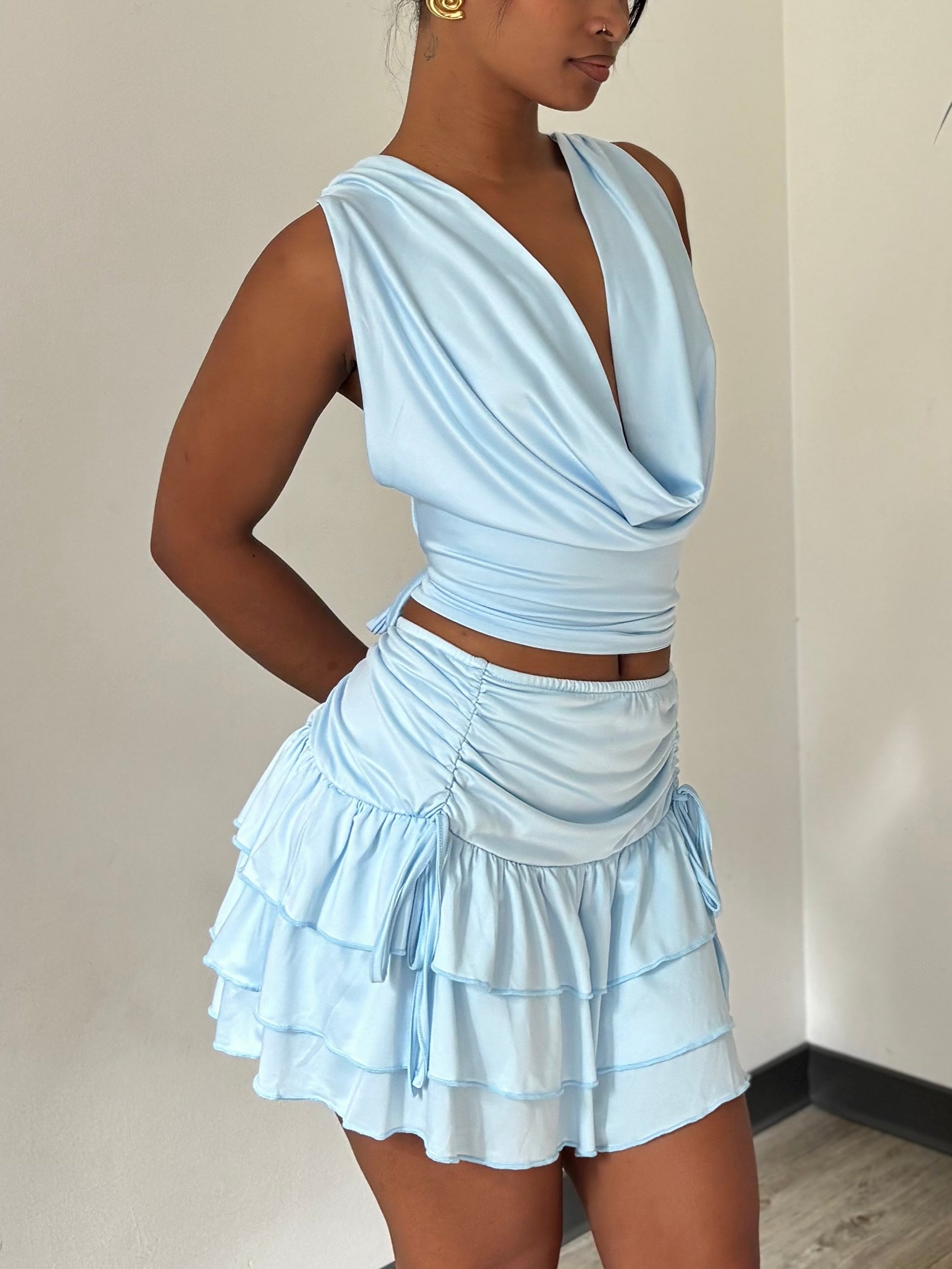 Ensemble Top et  Jupe Évasée Courte Bleue - Hortensia